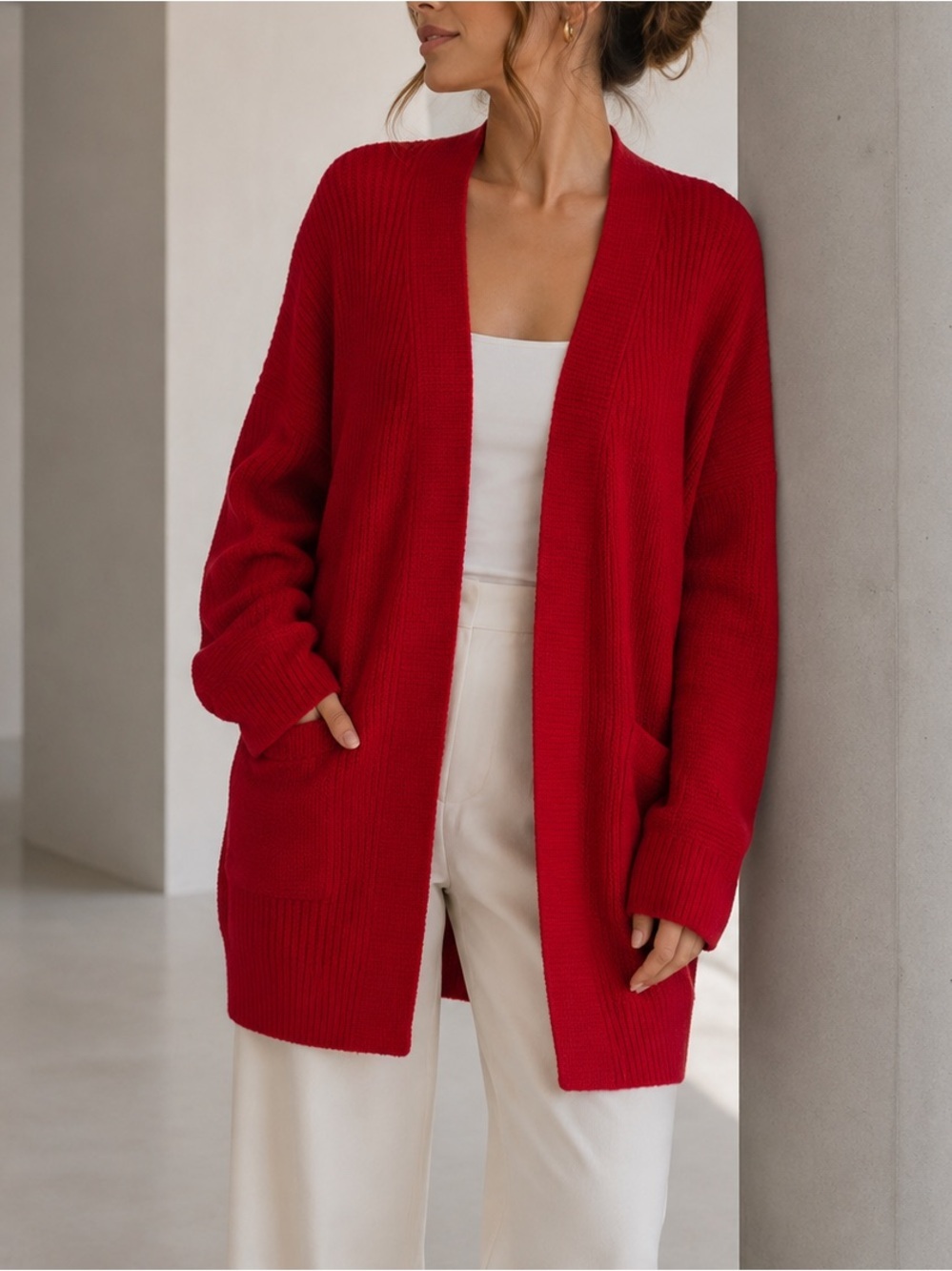 Helen Hsu NY OS Lagenlook kimono style Open-Front Red wool blnd Cardigan Sweater